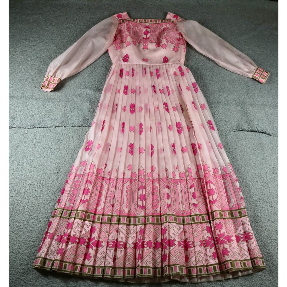 Vintage Alfred Shaheen Dress 10 Pink Geometric Print Hawaii California Maxi 70s